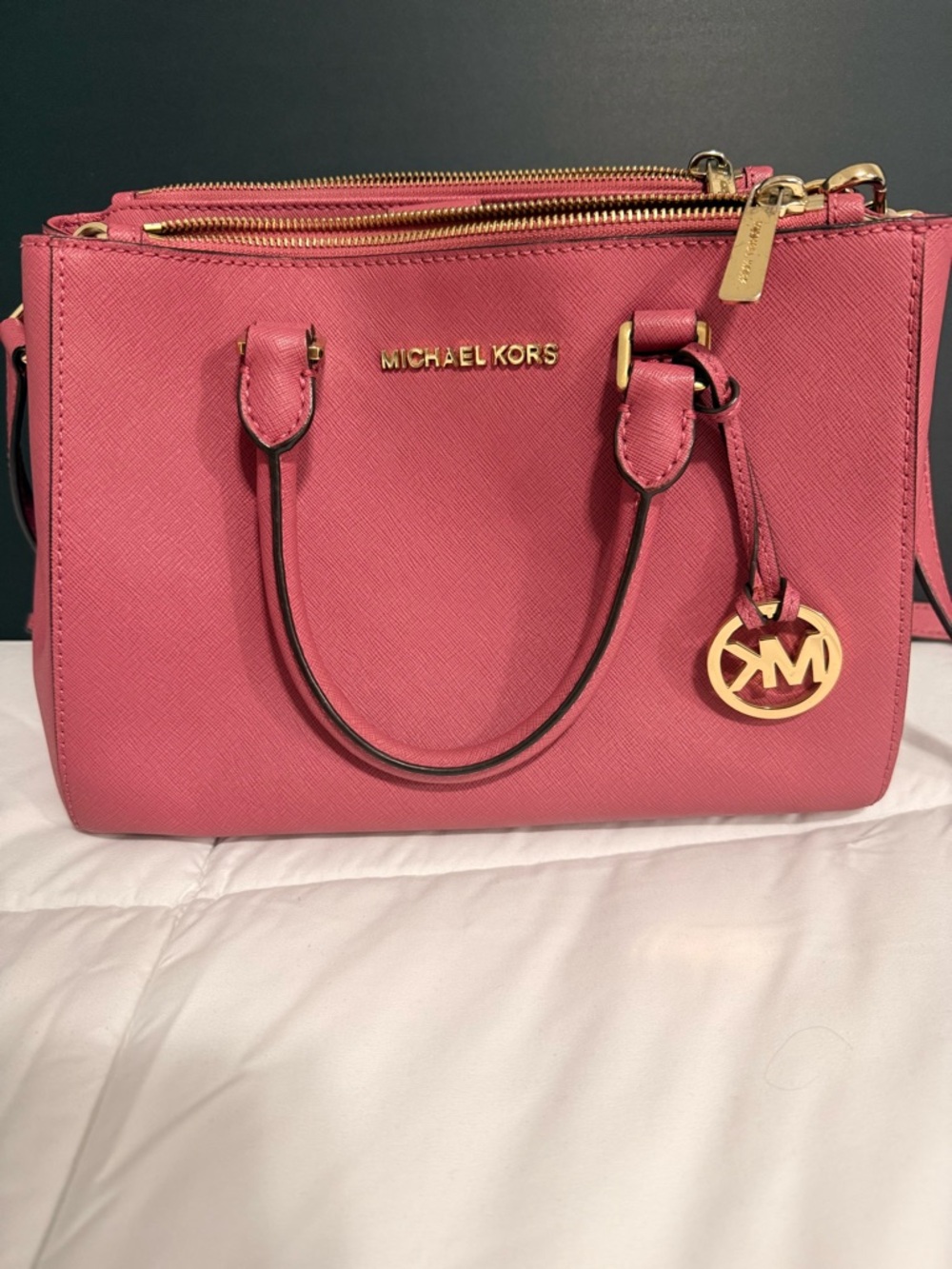 Michael Kors Rose Pink Saffiano Leather Satchel with Gold Hardware